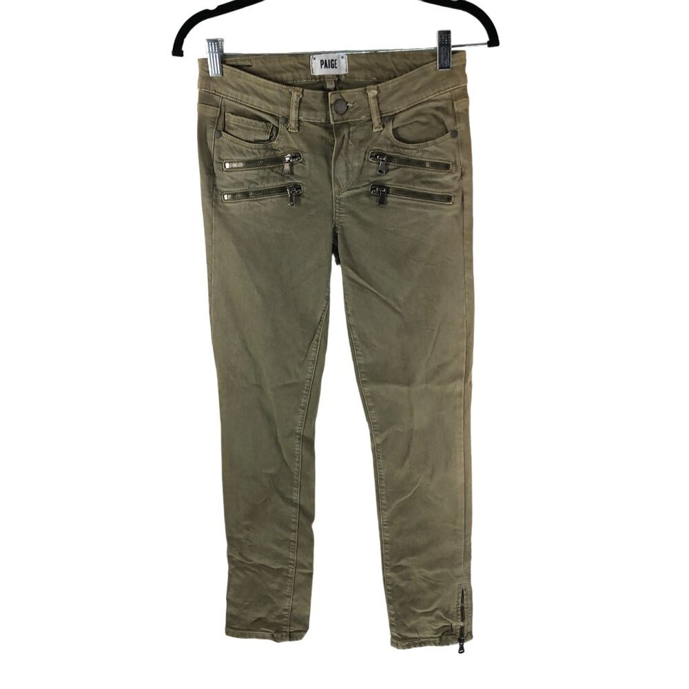 Paige Olive Green Skinny Jeans With Zipper Accents Pockets Size 25